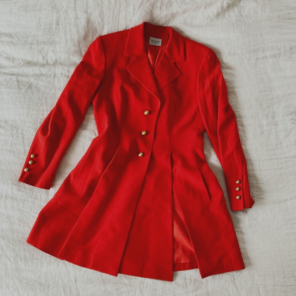 Vintage Akris Longline Split Hem Wool Blazer Jacket Brass Buttons Red